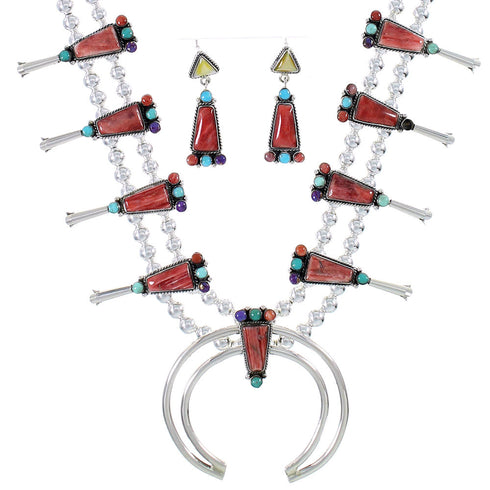 Silver Southwestern Multicolor Squash Blossom Necklace Set AX94437